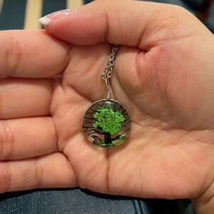 Resin Flower Pressed & Tree Circle Pendant Charm Stainless Steel Necklace